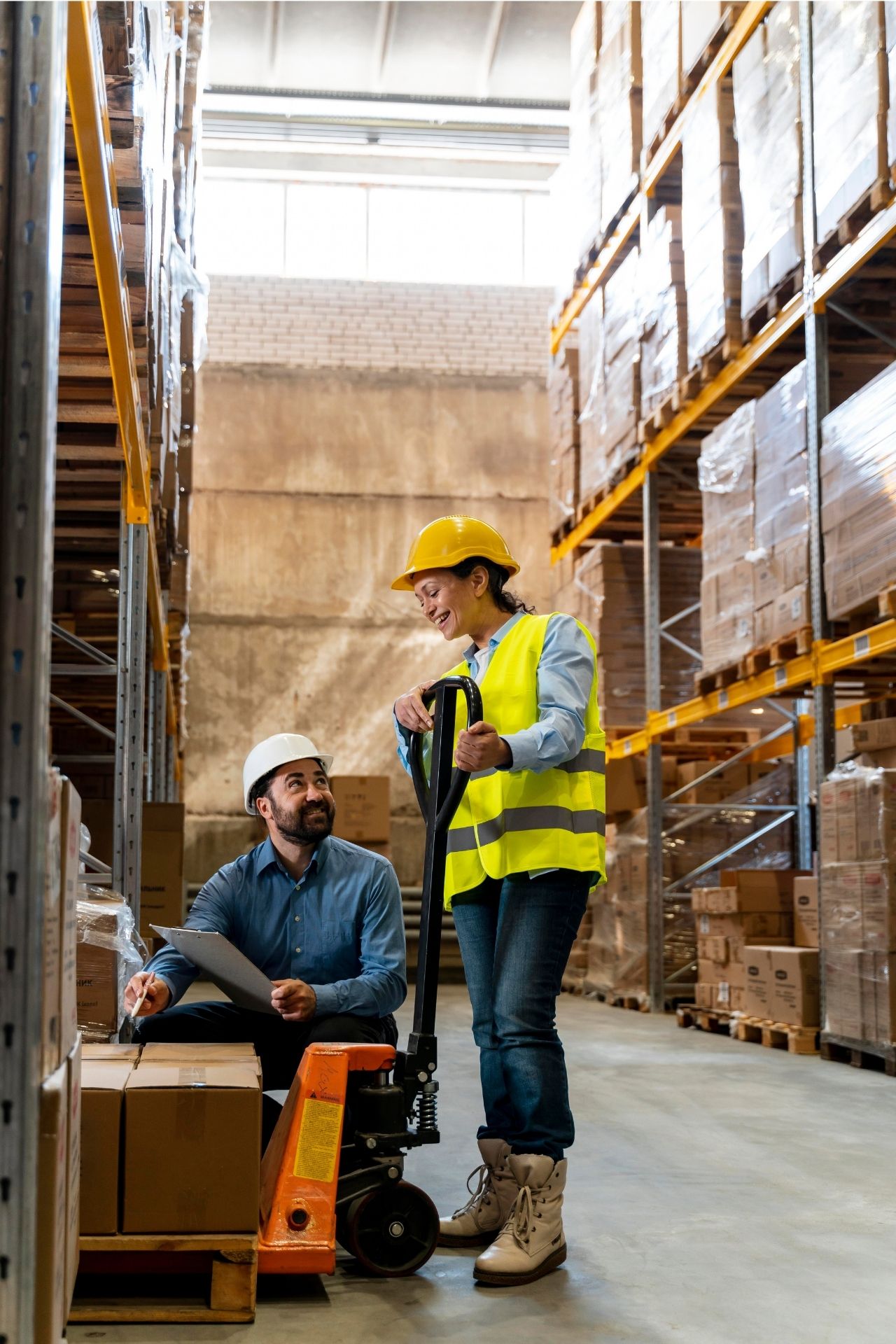 deux personnes dans un entrepot qui bénéficient des avantages de notre ERP pour Magento