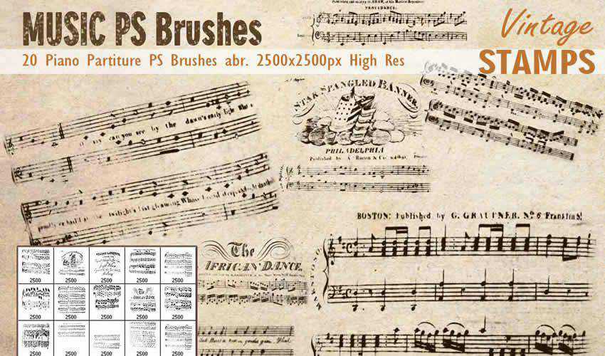 Piano Music Partiture vintage antique adobe photoshop ps brush brushes abr pack set free