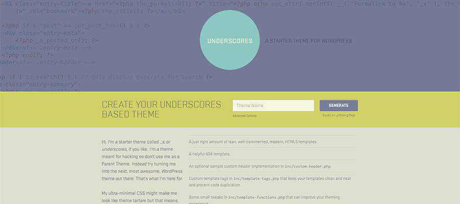 Underscores WordPress Starter Theme home screen.