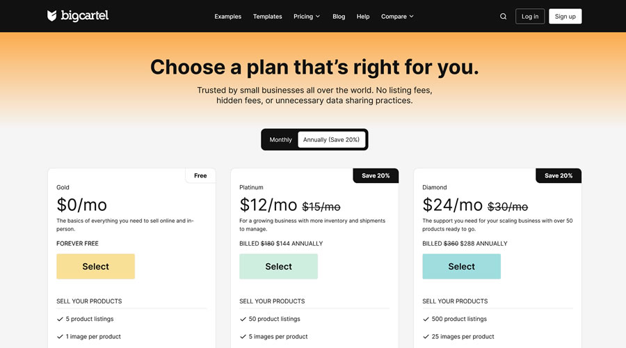 Big Cartel Pricing Page Web Design Inspiration