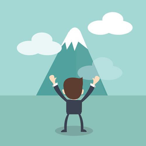 challenges concept - Businessman cheering and looking rocky mountain with challenges