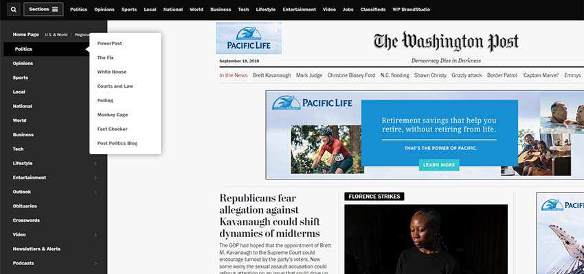 The Washington Post requires users to click a button in order to close the navigation panel.