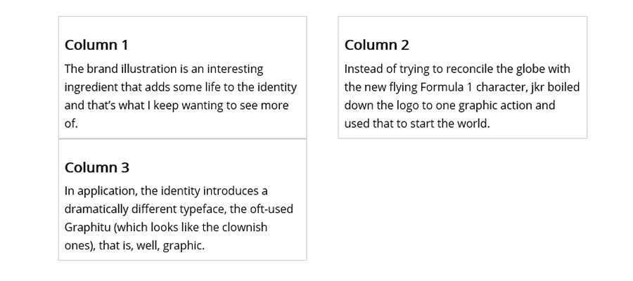 A 3-column CSS layout, with the third column pushed to a new row.