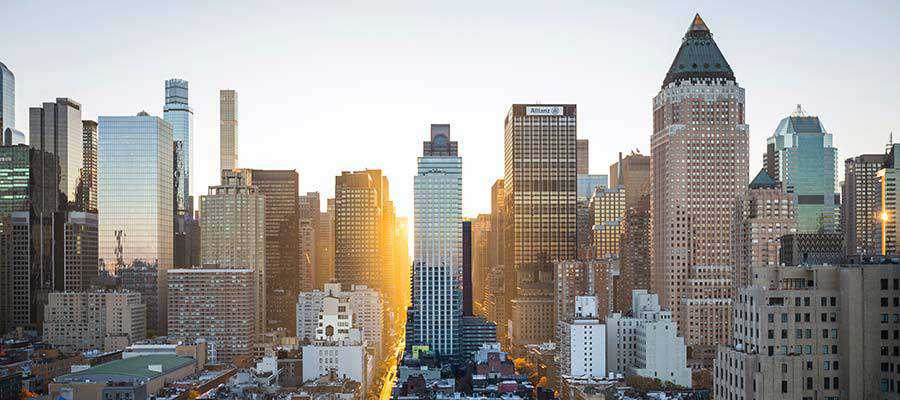 City skyline with tall buildings.