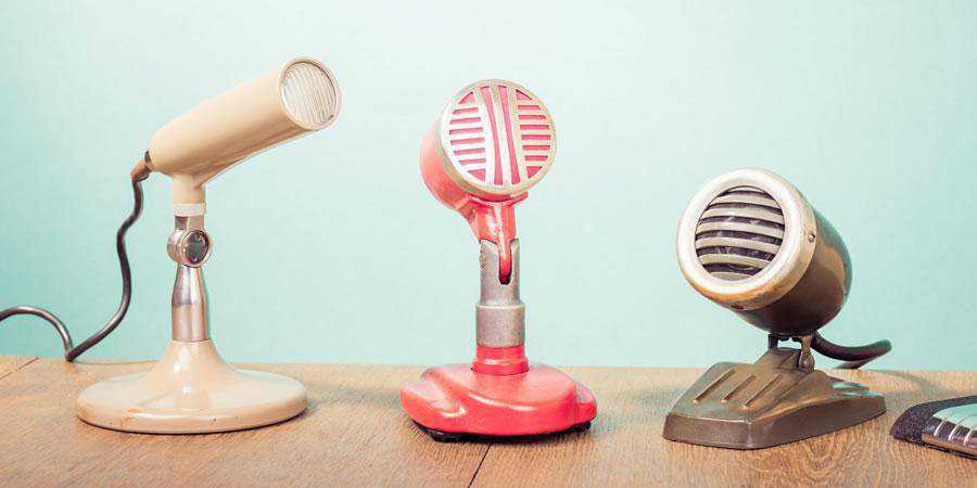 row microphones vintage blue wood