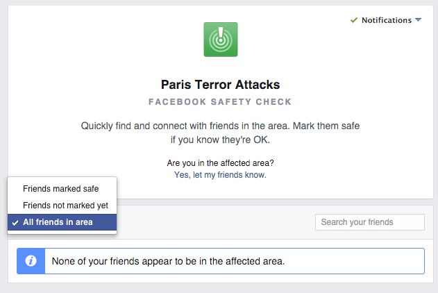 Facebook Safety Check screen