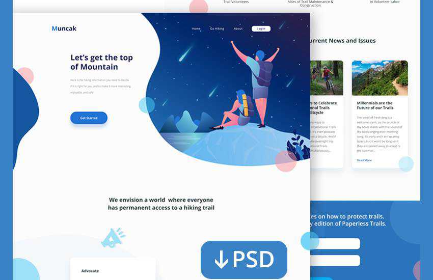 Landing Page Hiking Site web design layout adobe photoshop template free psd format