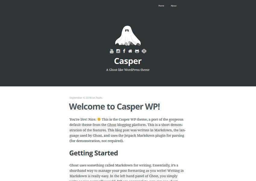 Casper free wordpress theme wp responsive blog minimal design minimalist lightweight