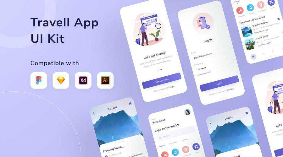 Travel free mobile app ui kit Figma Sketch Adobe XD Photoshop PSD Illustrator AI SVG ios android