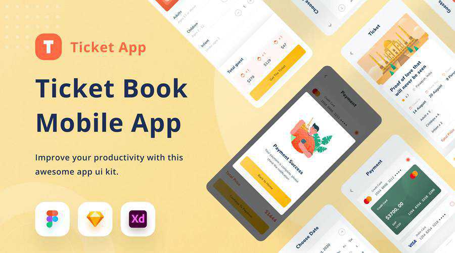 Ticket free mobile app ui kit Adobe XD Sketch Figma ios android