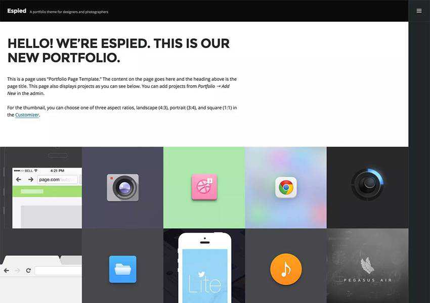 Espied free wordpress theme wp responsive creative designer agency portfolio camera