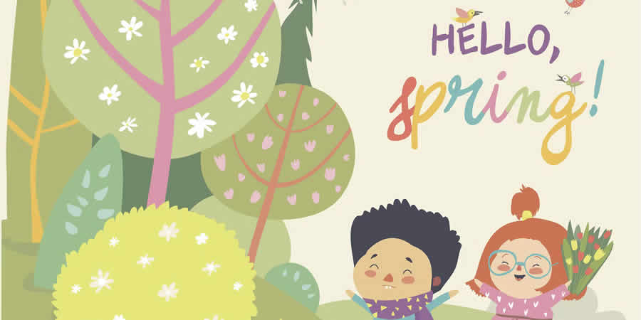 Hello Spring Kids Running in Forest spring pastel vector template