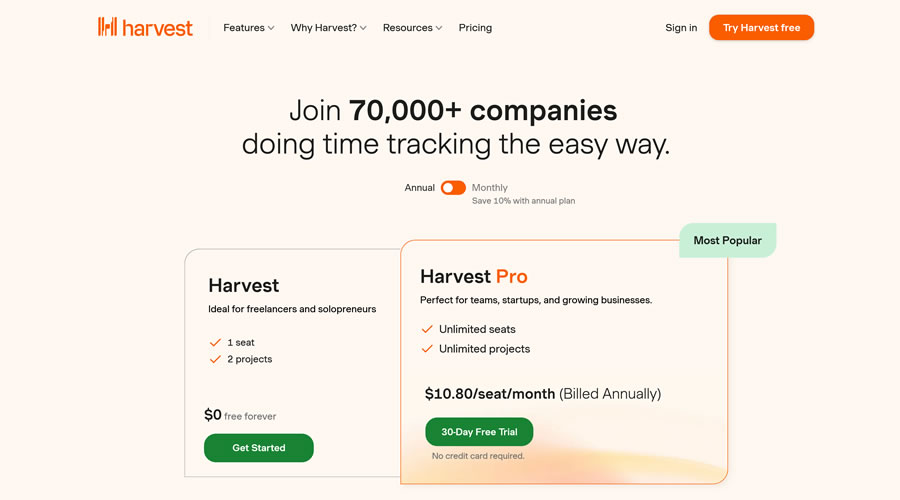 Harvest Pricing Page Web Design Inspiration