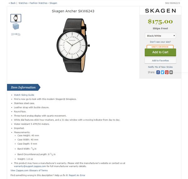 Zappos Skagen Watch product page