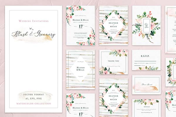 Blush & Greenery Wedding Stationery for InDesign