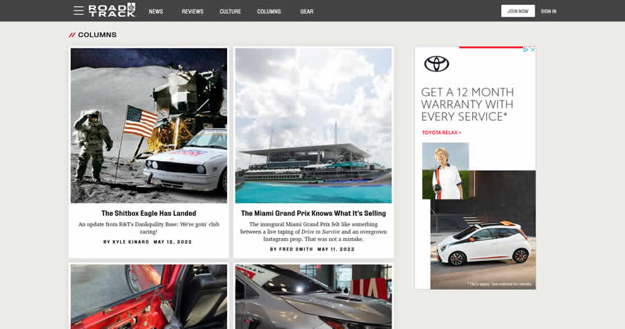 Road & Track magazine web design layout newspaper inspiration