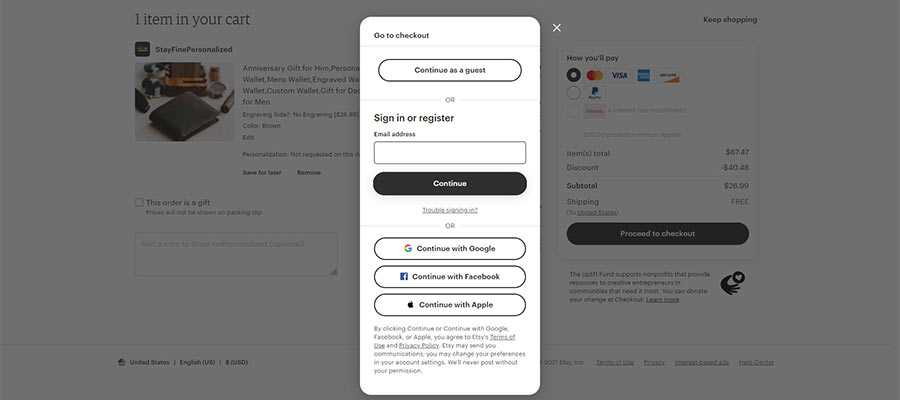Etsy offers the option to create an account or checkout as a guest