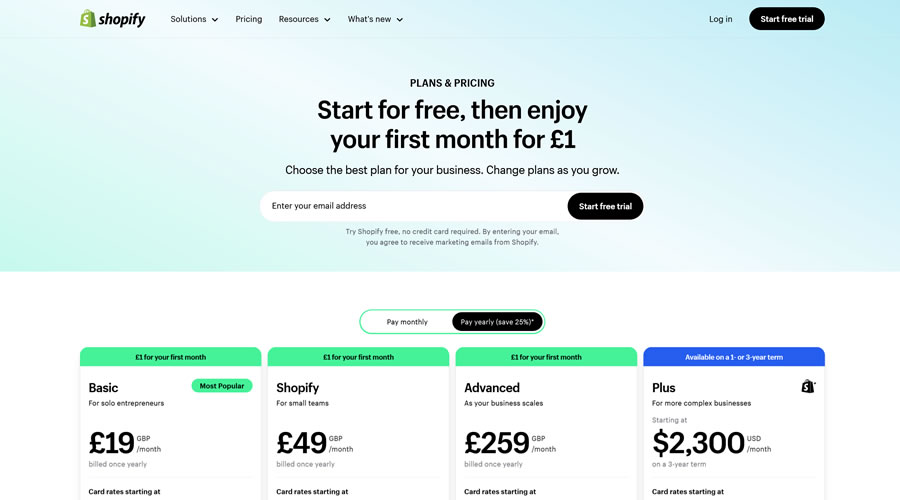 Shopify Pricing Page Web Design Inspiration