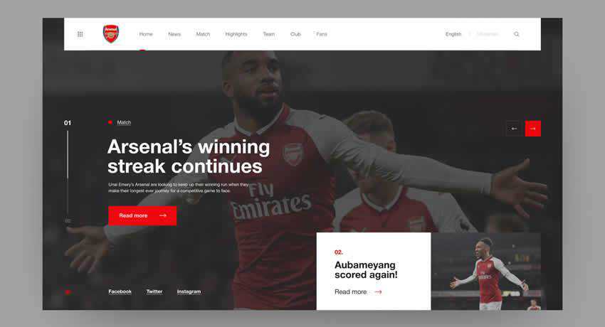 Arsenal London Redesign football sport fitness web design inspiration ui ux