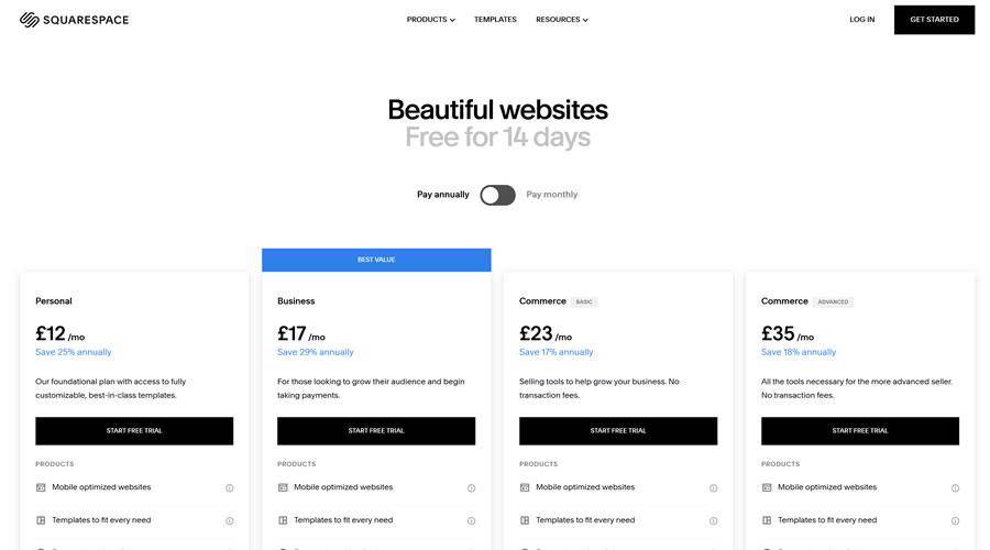 Squarespace Pricing Page Web Design Inspiration