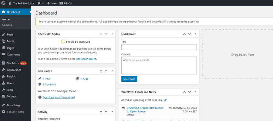 The Site Editor link in the WordPress dashboard.