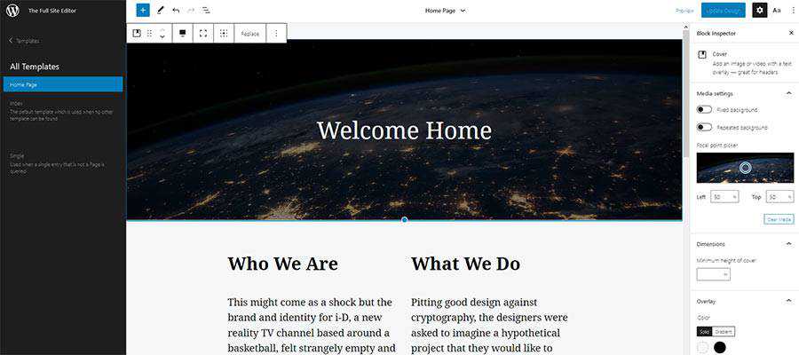 Creating a Home Page tempalte in the WordPress full site editor.