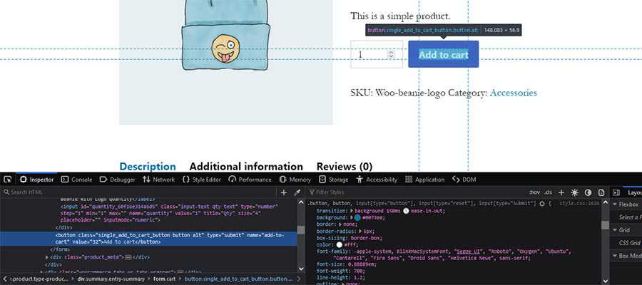 Using the browser inspector tools to view a WooCommerce button.