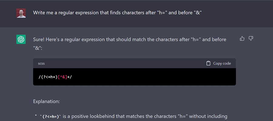 Asking ChatGPT to write a regular expression.