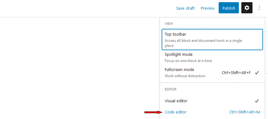 Switching to the Code Editor within WordPress.