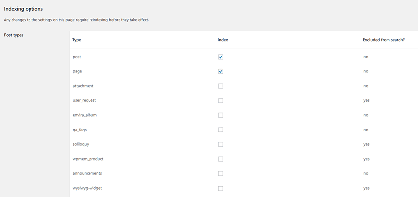 Choosing which posts types to index in Relevanssi.