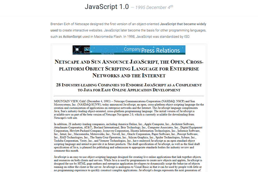 A Press Release Announcing JavaScript 1.0 - Courtesy of the Web Design Museum