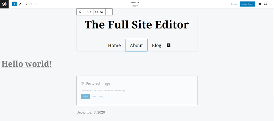 Editing a website template inside WordPress.