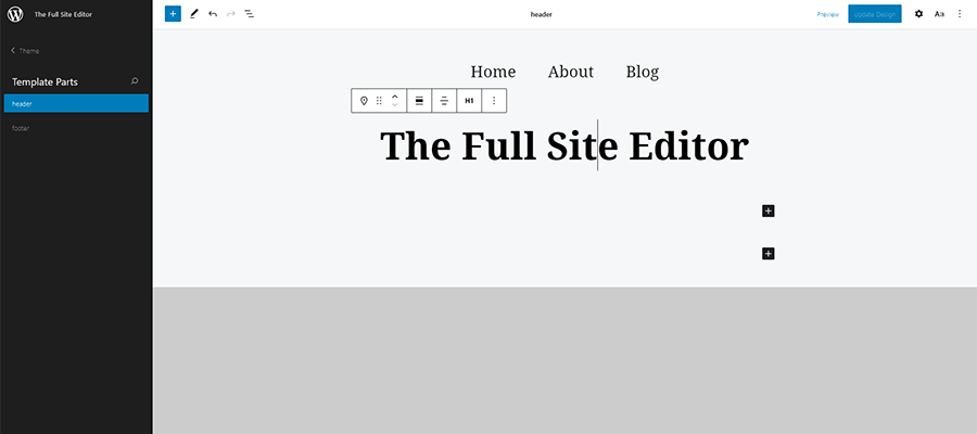 Editing the Header template part in WordPress.