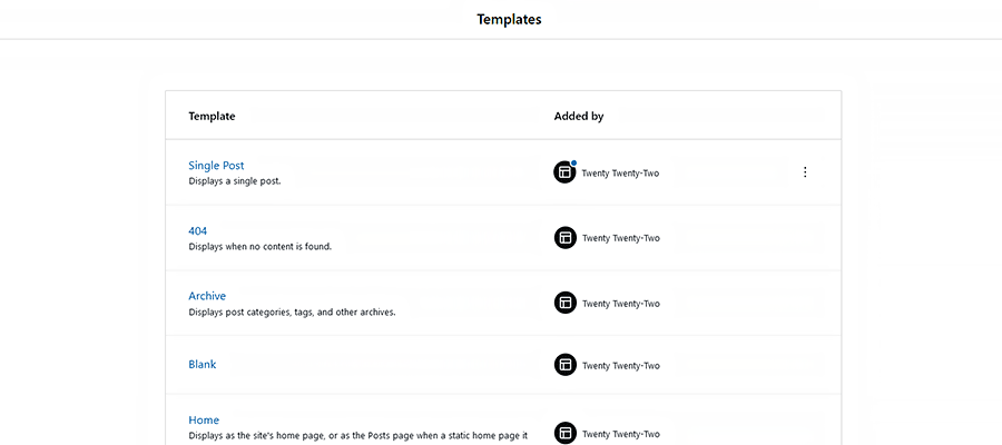 A template listing inside the WordPress Full Site Editor.