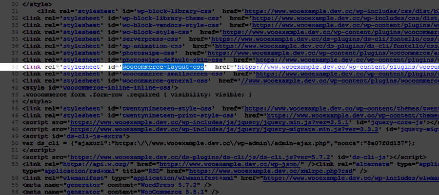 A WooCommerce stylesheet ID is found in source code.